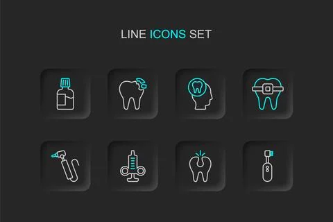 Set line Electric toothbrush, Broken, Syringe, Tooth drill, Teeth with brac.. Stock Illustration