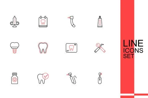 Set line Electric toothbrush, Tooth drill, Toothache painkiller tablet, Den.. Stock Illustration