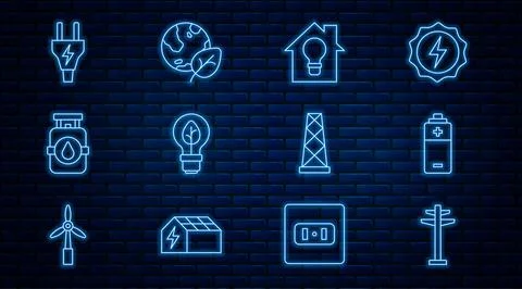 Set line Electric tower, Battery, Smart house and light bulb, Light with leaf Stock Illustration