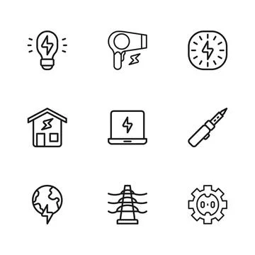Set line Electric tower line, Soldering iron, Electrical outlet, Laptop, Li.. Stock-Illustration