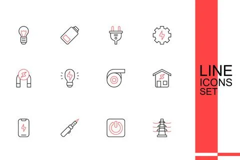 Set line Electric tower line, Power button, Soldering iron, Mobile phone, S.. Stock Illustration