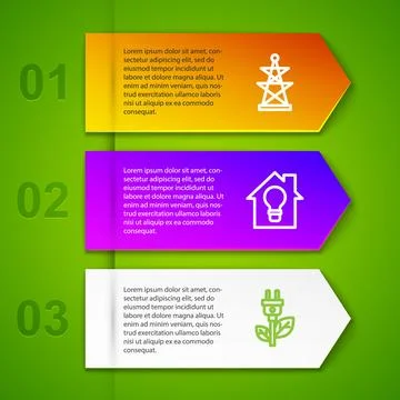 Set line Electric tower, Smart house and light bulb and saving plug in leaf Illustrazione stock
