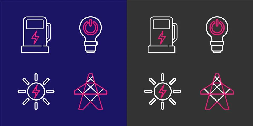 Set line Electric tower, Solar energy panel, Light bulb with lightning and .. Stock Illustration