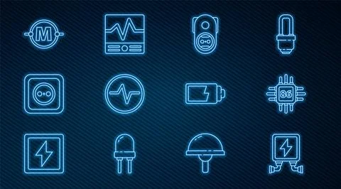Set line Electric transformer, Processor with microcircuits CPU, Electrical.. 库存插图