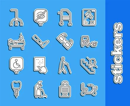 Set line Electric wheelchair, Disabled elevator, car, Walker, Prosthesis le.. Stock Illustration