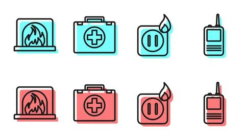 Set line Electric wiring of socket in fire, Interior fireplace, First aid kit Stock Illustration