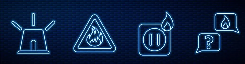 Set line Electric wiring of socket in fire, Flasher siren, Fire flame in Stock Illustration