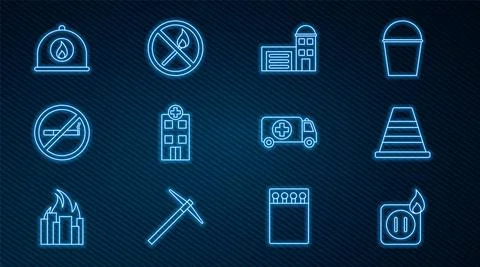 Set line Electric wiring of socket in fire, Traffic cone, Building station Stock Illustration