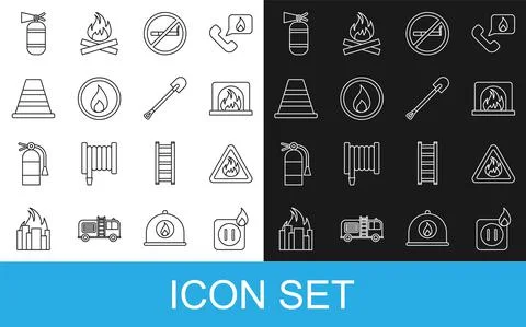 Set line Electric wiring of socket in fire, Fire flame triangle, Interior Stock Illustration