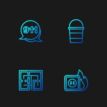 Set line Electric wiring of socket in fire, Evacuation plan, Emergency call 911 Stock Illustration