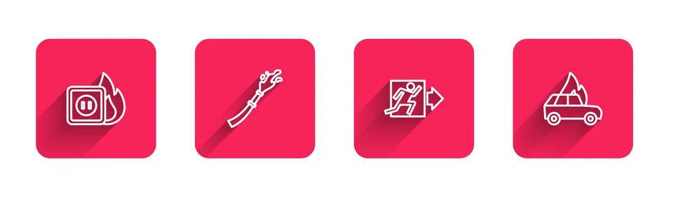 Set line Electric wiring of socket in fire, Fire hose reel, exit and Burning car Stock Illustration