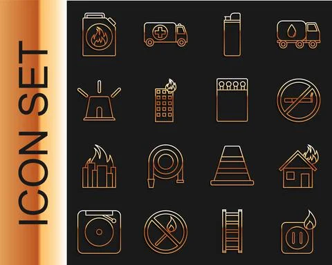 Set line Electric wiring of socket in fire, Fire burning house, No Smoking Stock Illustration