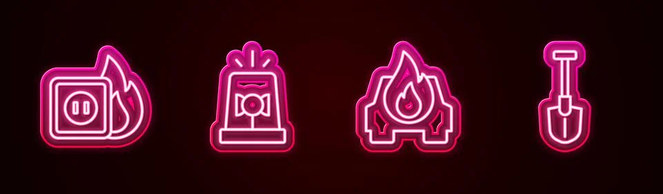 Set line Electric wiring of socket in fire, Flasher siren, Burning car and Fire Stock Illustration