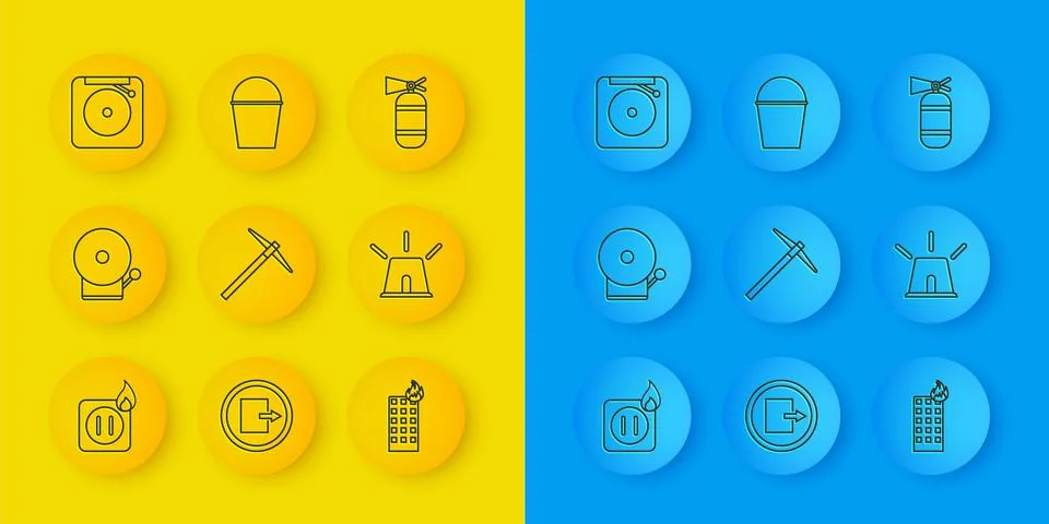 Set line Electric wiring of socket in fire, Ringing alarm bell, Pickaxe, Fire Stock Illustration