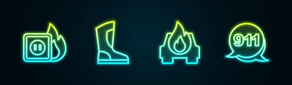 Set line Electric wiring of socket in fire, Fire boots, Burning car and Emerg Stock Illustration
