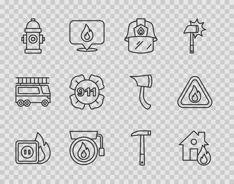 Set line Electric wiring of socket in fire, Fire burning house, Firefighter Stock Illustration