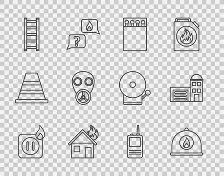 Set line Electric wiring of socket in fire, Firefighter helmet, Open matchb.. Stock Illustration