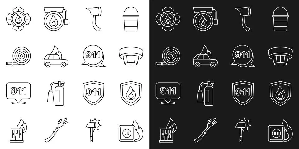 Set line Electric wiring of socket in fire Fire protection shield Smoke alarm Stock Illustration