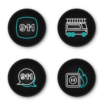 Set line Electric wiring of socket in fire, Emergency call 911, Fire truck .. Stock Illustration