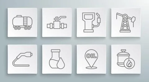 Set line Electrical cable plug charging, Metallic pipes and valve, Oil petrol Stock Illustration