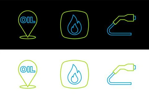 Set line Electrical cable plug charging, Refill petrol fuel location and Fire Stock Illustration