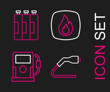 Set line Electrical cable plug charging, Petrol or gas station, Fire flame and Stock Illustration