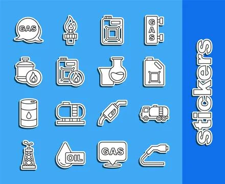 Set line Electrical cable plug charging, Tanker truck, Canister for motor oil Stock Illustration