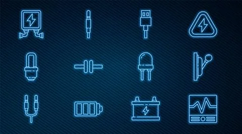 Set line Electrical measuring instruments, panel, USB cable cord, circuit sch Illustrazione stock