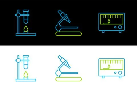 Set line Electrical measuring instruments, Glass test tube flask on fire he.. Illustrazione stock