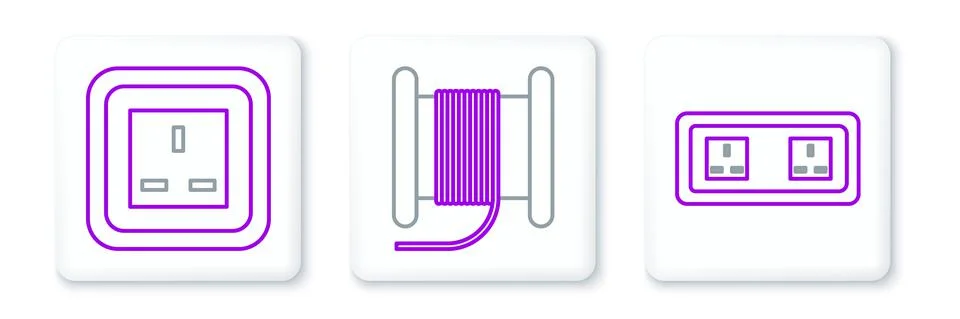 Set line Electrical outlet, and Wire electric cable on reel or drum icon. Vector Stock Illustration