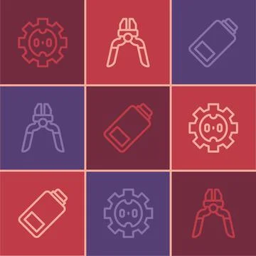 Set line Electrical outlet, Battery charge and Pliers tool icon. Vector Stock-Illustration