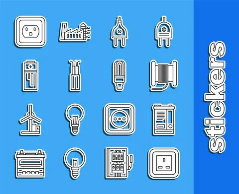 Set line Electrical outlet, Car battery, Wire electric cable on reel or drum Stock Illustration