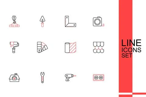 Set line Electrical outlet, drill machine, Wrench spanner, House, Roof tile.. Stock-Illustration