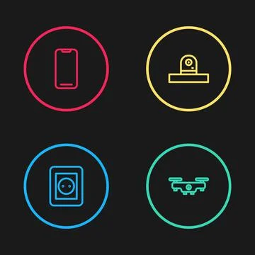 Set line Electrical outlet, Drone flying, Security camera and Smartphone icon Stock Illustration
