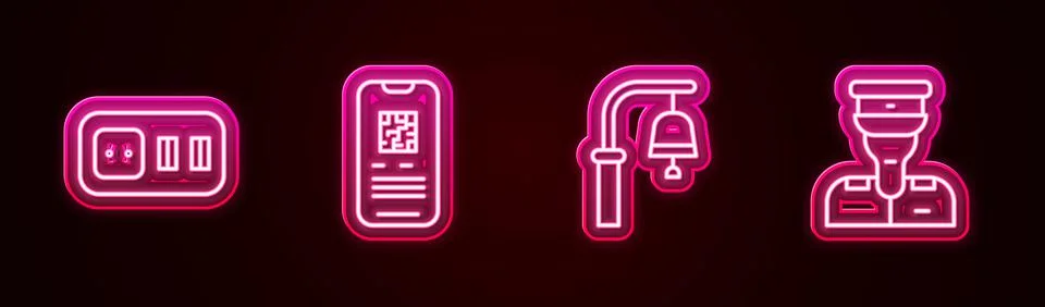 Set line Electrical outlet, E-ticket train, Train station bell and conductor Stock Illustration