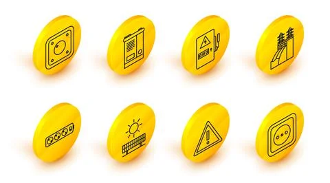 Set line Electrical outlet, Exclamation mark in triangle, Solar energy pane.. Stock Illustration
