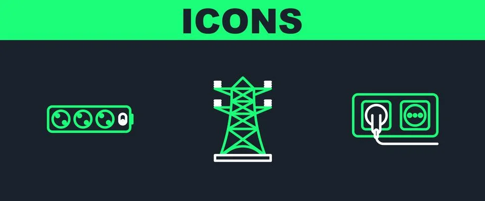 Set line Electrical outlet, extension cord and High voltage power pole line icon Stock Illustration