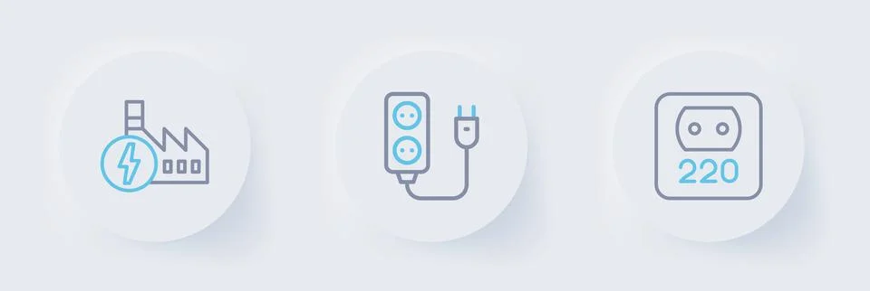 Set line Electrical outlet, extension and Nuclear power plant icon. Vector Stock Illustration