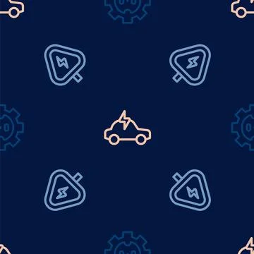 Set line Electrical outlet, High voltage and car on seamless pattern. Vector 스톡 일러스트