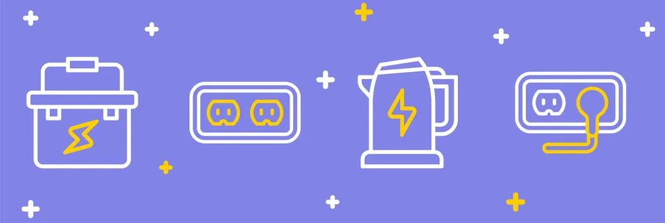 Set line Electrical outlet, kettle,  and Toolbox electrician icon. Vector Stock Illustration