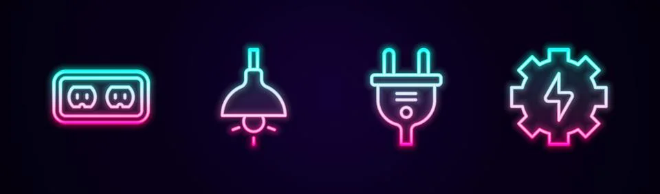 Set line Electrical outlet, Lamp hanging, plug and Gear and lightning. Glow.. 库存插图
