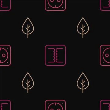 Set line Electrical outlet, Leaf Eco symbol and transformer on seamless patte Stock Illustration