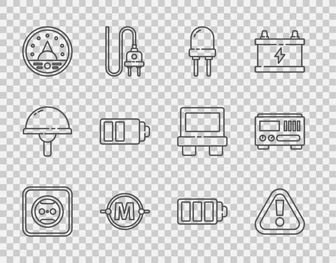 Set line Electrical outlet, Light emitting diode, circuit scheme, Ampere meter Stock Illustration