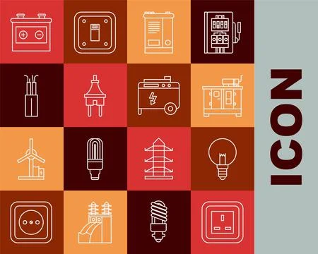 Set line Electrical outlet, Light bulb, Diesel power generator, Car battery Stock Illustration