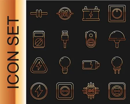 Set line Electrical outlet, Light emitting diode, Car battery, USB cable cord Stock-Illustration