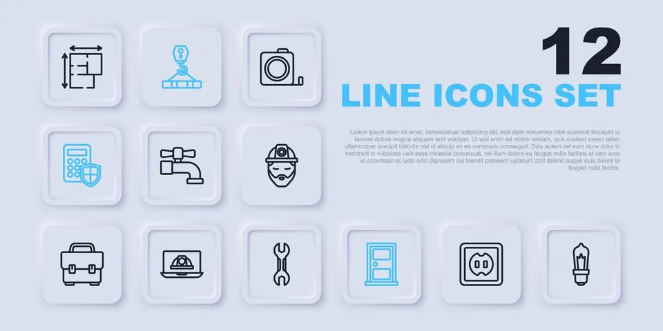 Set line Electrical outlet, Light bulb, Water tap, Closed door, Security ke.. Stock Illustration