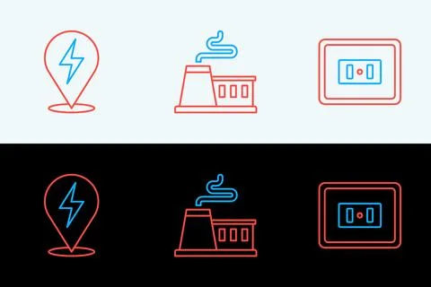 Set line Electrical outlet, Lightning bolt and Factory icon. Vector Stock Illustration