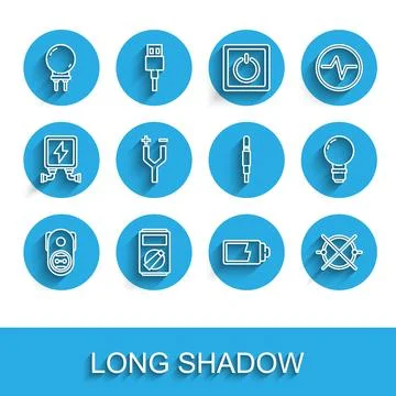 Set line Electrical outlet, Multimeter, Light emitting diode, Battery charge Stock Illustration