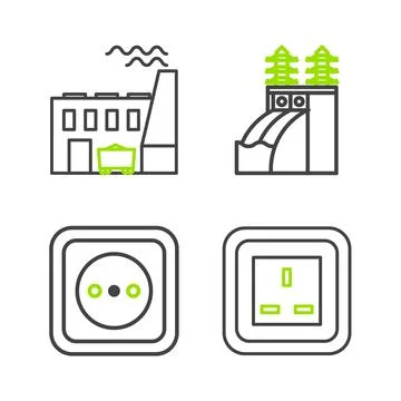 Set line Electrical outlet, Nuclear power plant and Coal and factory icon. .. Ilustración de archivo