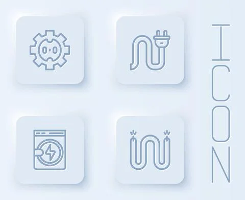 Set line Electrical outlet, plug, Washer and cable. White square button. Vector Stock Illustration